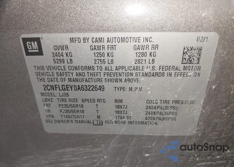 2010 Chevrolet Equinox Ltz z USA, uszkodzony, nr VIN 2CNFLGEY0A6322649